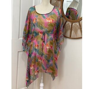 Sunflower Kaftan Swim Cover Up Womens Free Size Pink Tropical Sheer Chiffon Boho